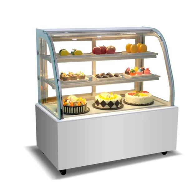 Adjustable Temp Luxury Curved Glass Anti-Fog Pastry Display Cabinet Air Cooling Mode for Hotel Cafe Dessert Retail Equipment