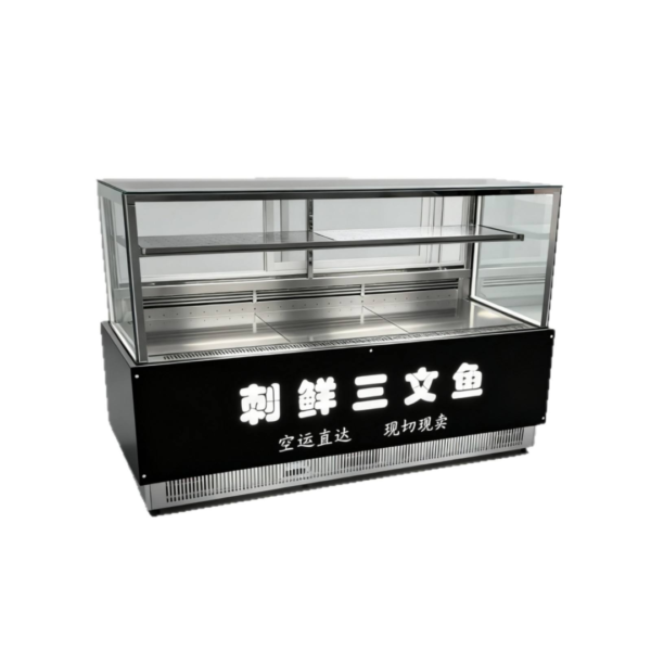 Commercial Single-Temperature Sushi Bar Refrigerated Display Counter Stainless Steel Base Anti Fog White Glass Custom Laser