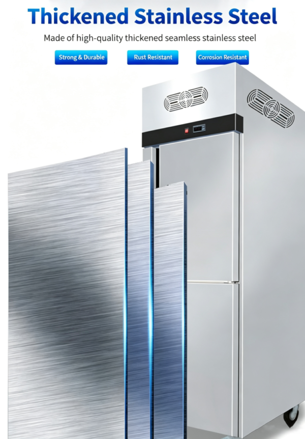 Stainless Steel Air Cooled Cabinet Double Door Commercial Refrigerator Adjustable -18C to 0C Auto Defrost Restaurant Kitchen
