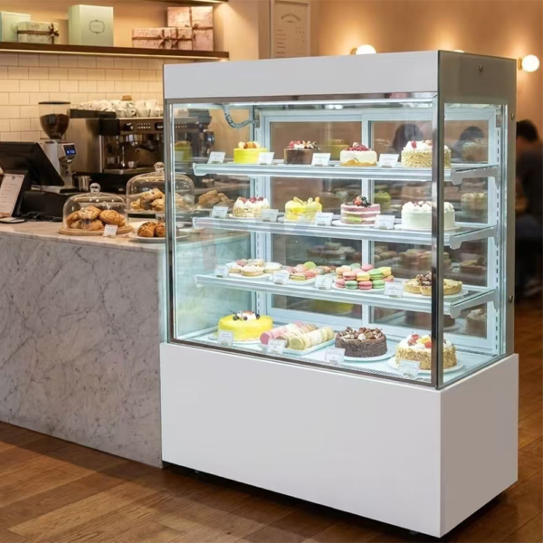 Bakery Equipment Vertical Square Cake Display Showcase Air Cooler Large Capacity 4-Layer Anti-Fog Glass Shelves Digital