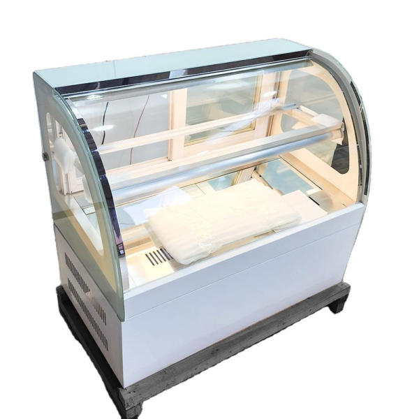 DHQ-120 Commercial Curved Glass Cake Display Showcase Anti-Fog Tempered Glass LED Lighting Adjustable Temperature Control for Mousse