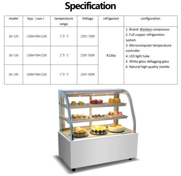Adjustable Temp Luxury Curved Glass Anti-Fog Pastry Display Cabinet Air Cooling Mode for Hotel Cafe Dessert Retail Equipment
