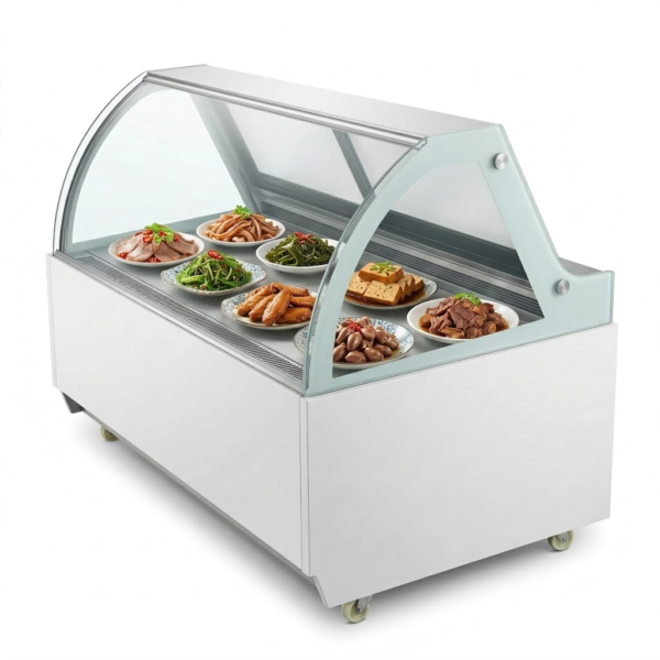 Freestanding Refrigerated Deli Showcase Anti Fog Curved Glass Mobile Casters Digital Temperature Control High Efficiency