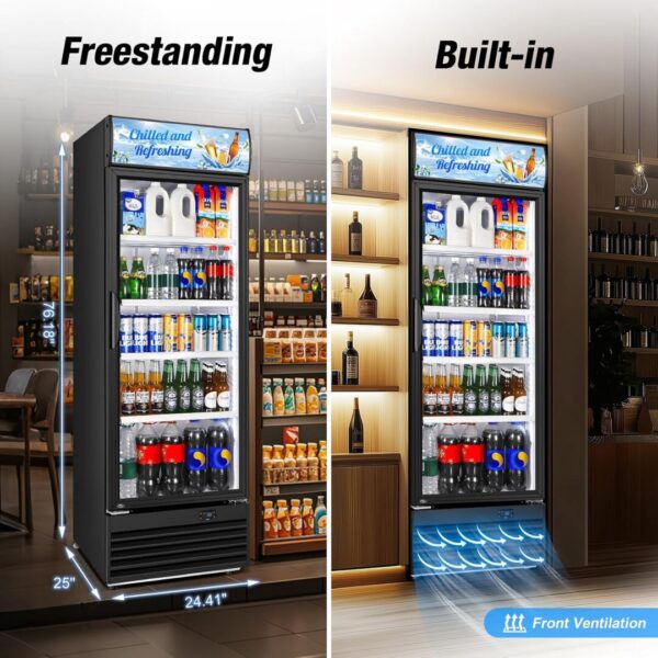 Energy Saving Upright Glass Door Beverage Cooler Stainless Steel Adjustable Shelves Digital Temperature Panel Bottom Ventilation