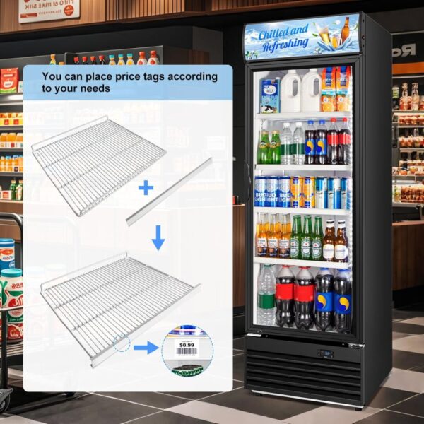 Energy Saving Upright Glass Door Beverage Cooler Stainless Steel Adjustable Shelves Digital Temperature Panel Bottom Ventilation