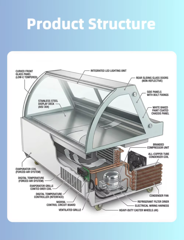 Freestanding Refrigerated Deli Showcase Anti Fog Curved Glass Mobile Casters Digital Temperature Control High Efficiency