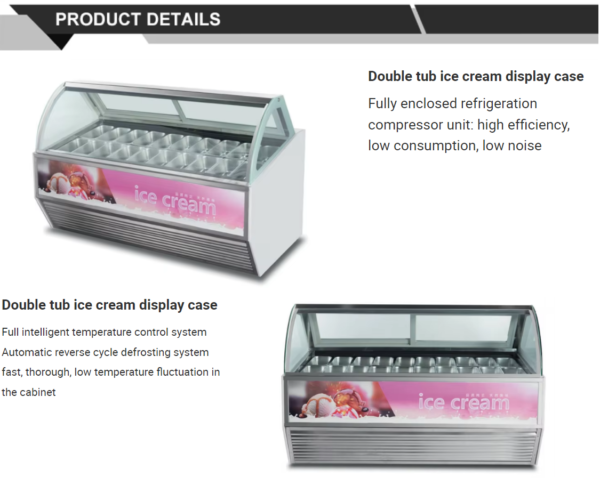Curved Glass Commercial Ice Cream Display Freezer with Air Cooling Stainless Steel Base Gelato Showcase Custom Advertising Panel
