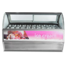 Curved Glass Ice Cream Display Freezer Curved Glass Commercial Ice Cream Display Freezer with Air Cooling Stainless Steel Base Gelato Showcase Custom Advertising Panel