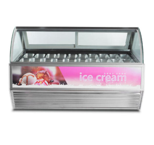 Curved Glass Commercial Ice Cream Display Freezer with Air Cooling Stainless Steel Base Gelato Showcase Custom Advertising Panel