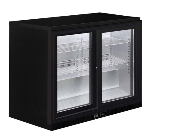 Black Commercial Counter Double Sliding Glass Door Beverage Display Cooler Adjustable Shelves Digital Temperature Panel for Bar