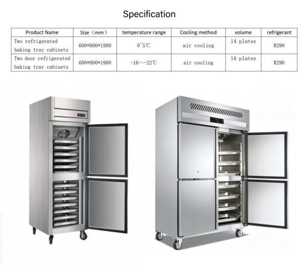 产品规格 TTwo Door Upright Stainless Steel Bakery Tray Freezer for Pastry Shop Dough Storage Commercial Kitchen Refrigeration Equipment