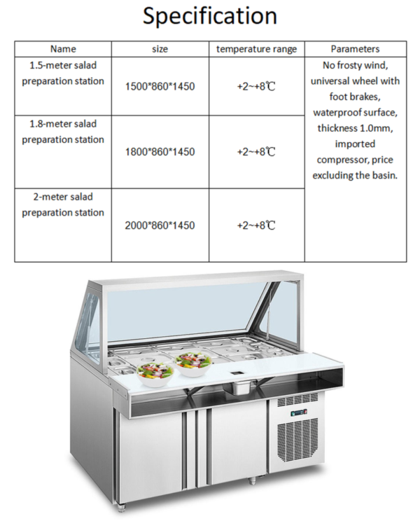 未标题-1 Commercial Refrigerated Stainless Steel Salad Prep Table with Slant Curved Glass Sneeze Guard 2-8C Digital Temperature Control