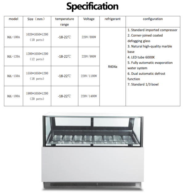 High Capacity Commercial Display Freezer for Ice Cream Imported Compressor Dual Automatic Defrost Marble Base