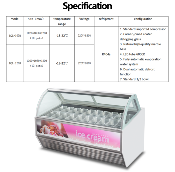 Curved Glass Commercial Ice Cream Display Freezer with Air Cooling Stainless Steel Base Gelato Showcase Custom Advertising Panel