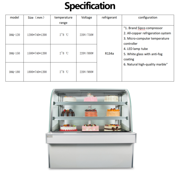 未标题-1-恢复的 Commercial Curved Glass Cake Display Showcase Anti-Fog Tempered Glass LED Lighting Adjustable Temperature Control for Mousse